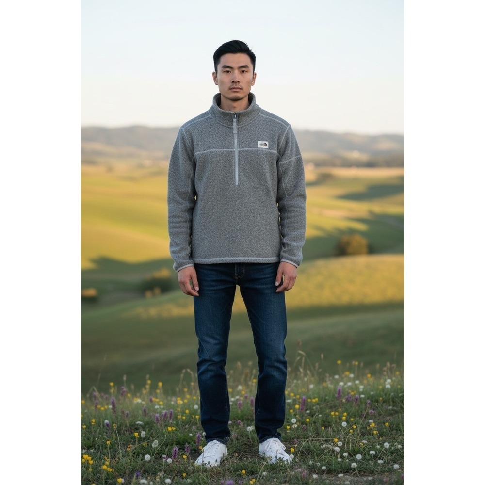 The North Face Mens Heathered Gray‎ Quarter Zip Fleece Pullover Sweater Cozy